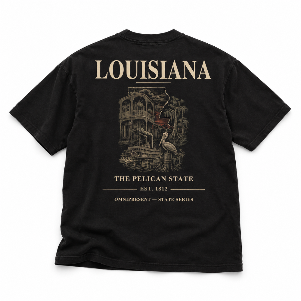 Louisiana Edition black T-Shirt back view on white background