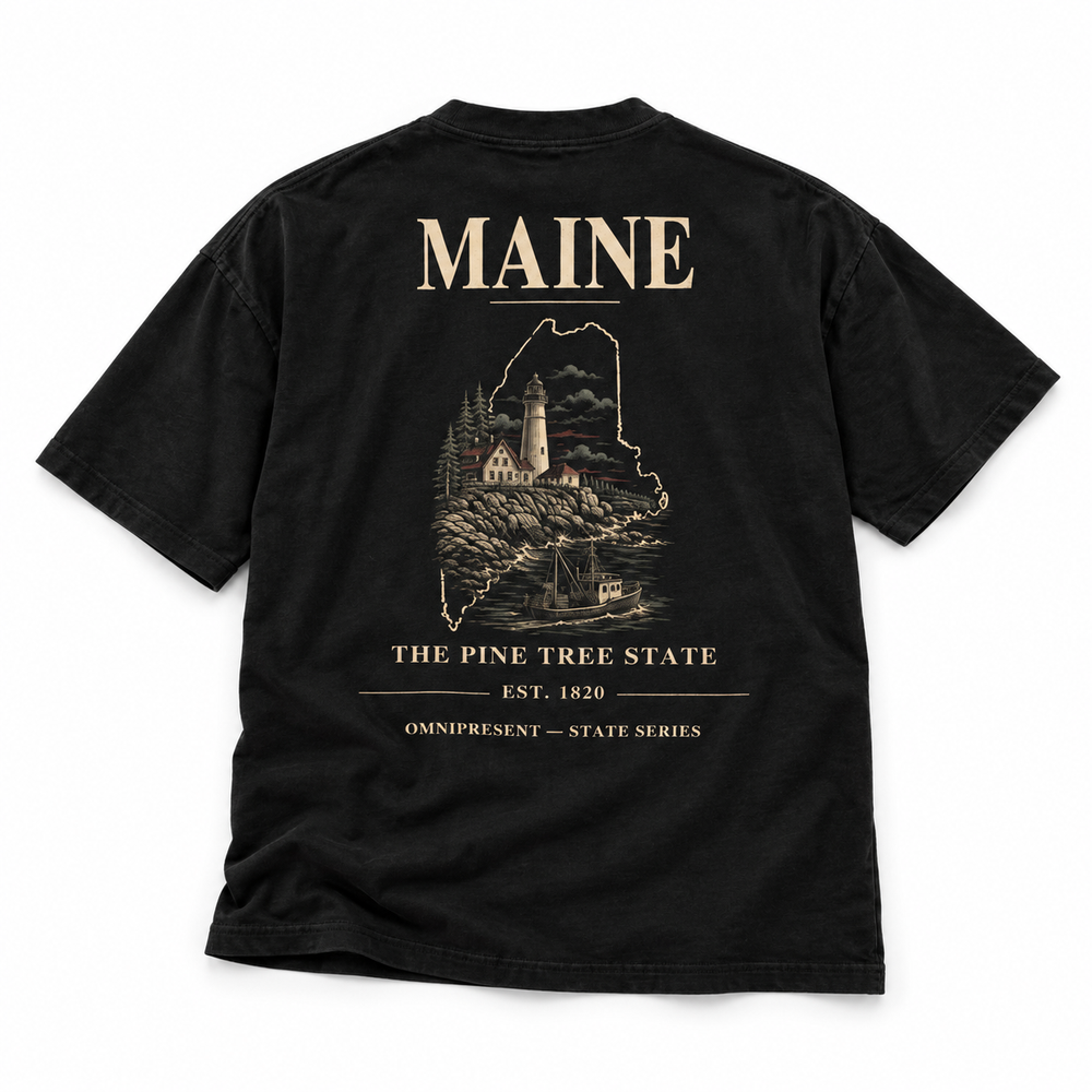 Maine Edition black T-Shirt back view on white background