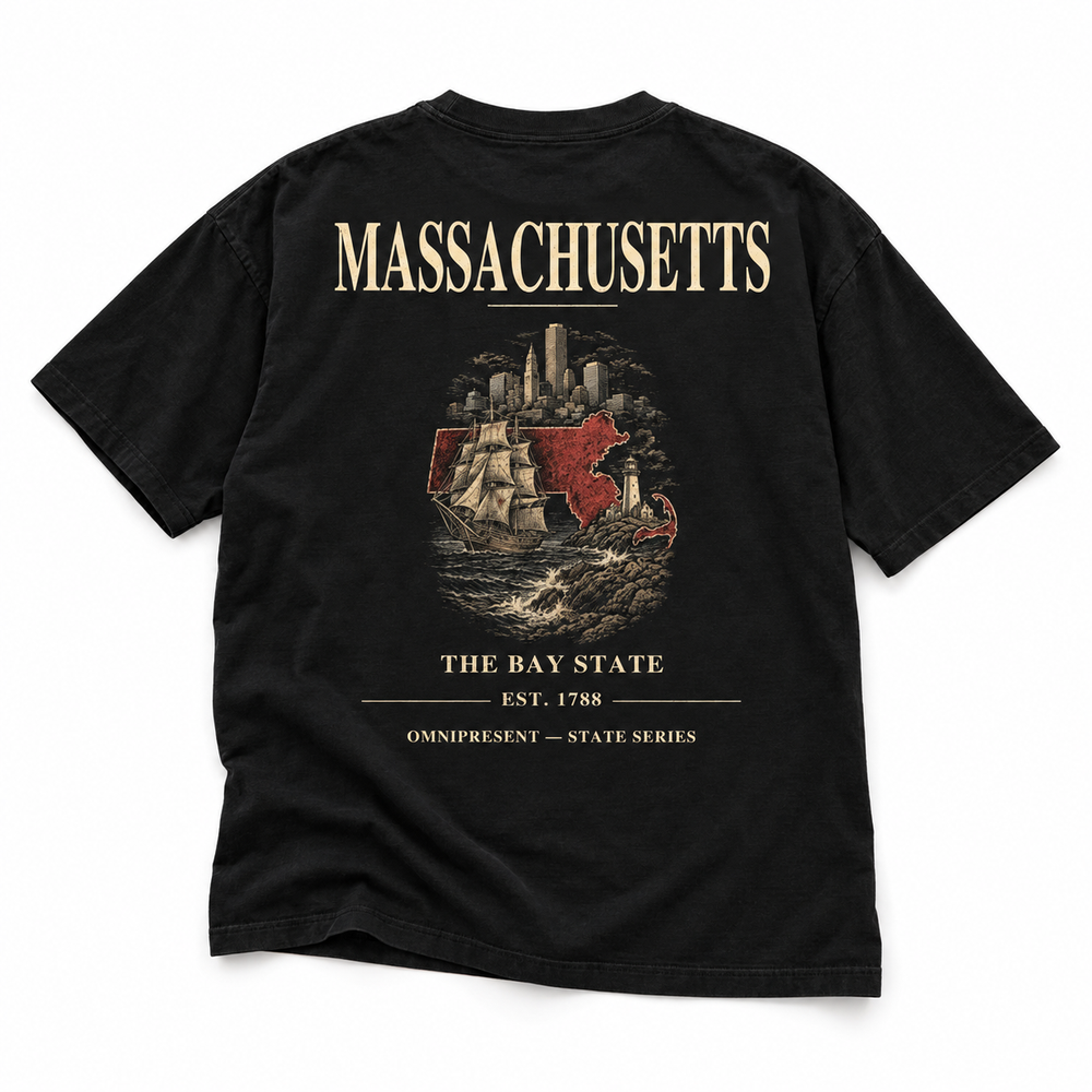 Massachusetts Edition black T-Shirt back view on white background