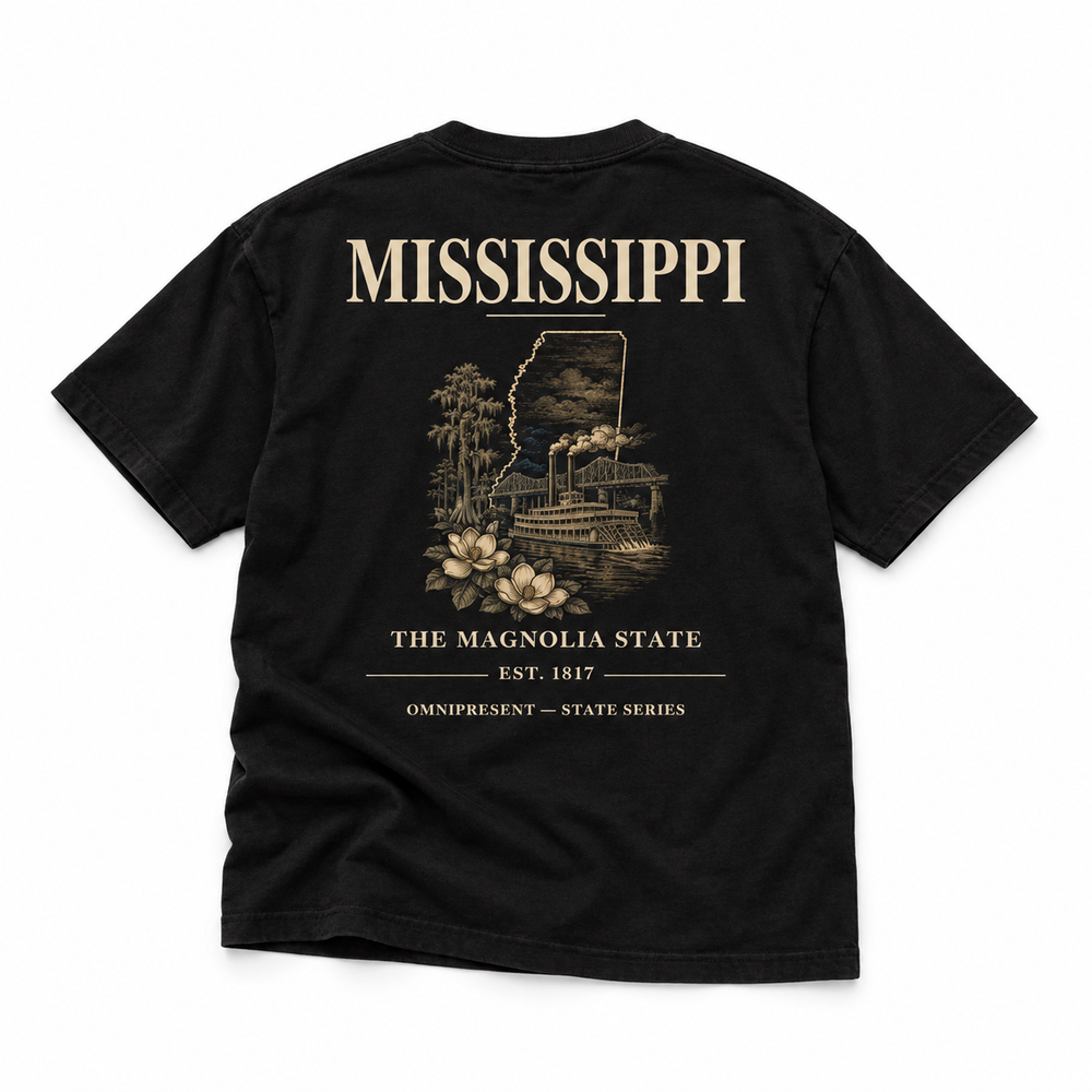 Mississippi Edition black T-Shirt back view on white background