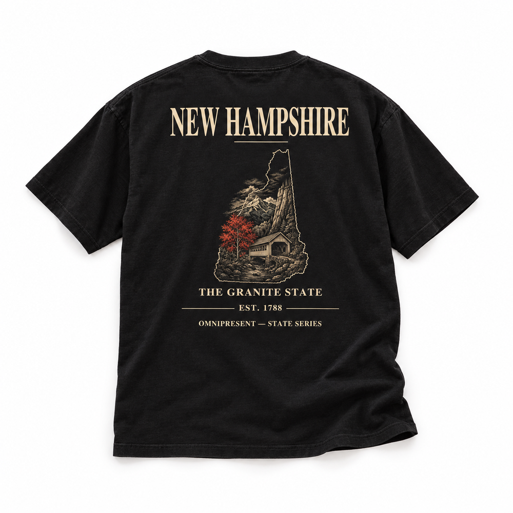 New Hampshire Edition black T-Shirt back view on white background