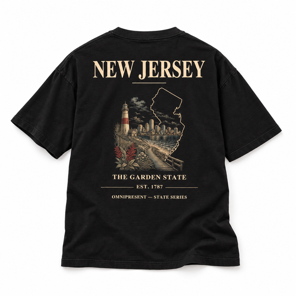 New Jersey Edition black T-Shirt back view on white background