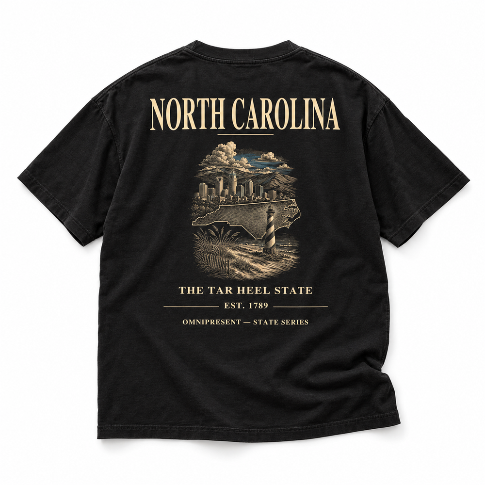 North Carolina Edition black T-Shirt back view on white background