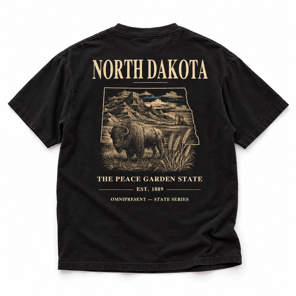 North Dakota Edition black T-Shirt back view on white background