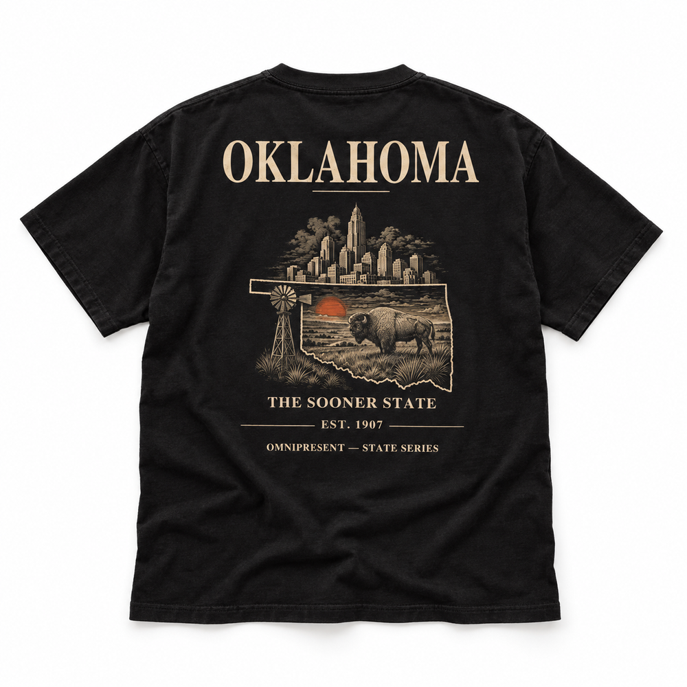 Oklahoma Edition black T-Shirt back view on white background