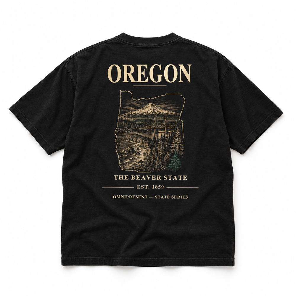 Oregon Edition black T-Shirt back view on white background