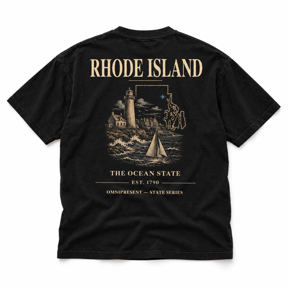 Rhode Island Edition black T-Shirt back view on white background